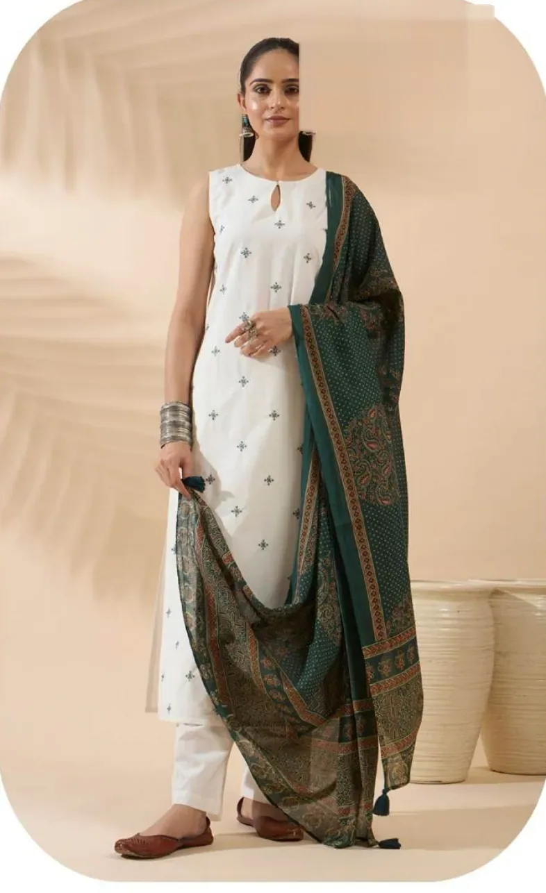 White Embroidered Cotton Kurta Set with Dupatta