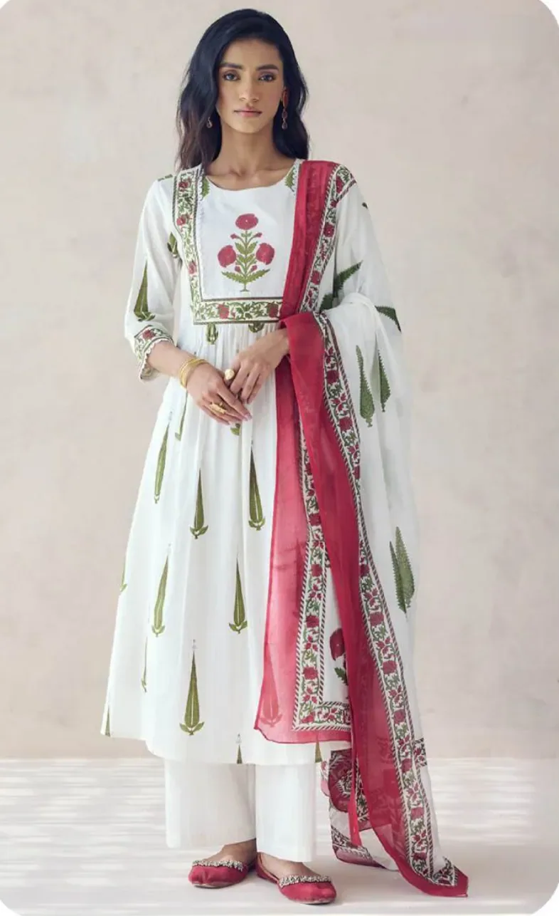 White Floral Print Anarkali Cotton Kurta Set with Dupatta