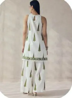 White Green Block Print Halter Cotton Kurti Pant Set