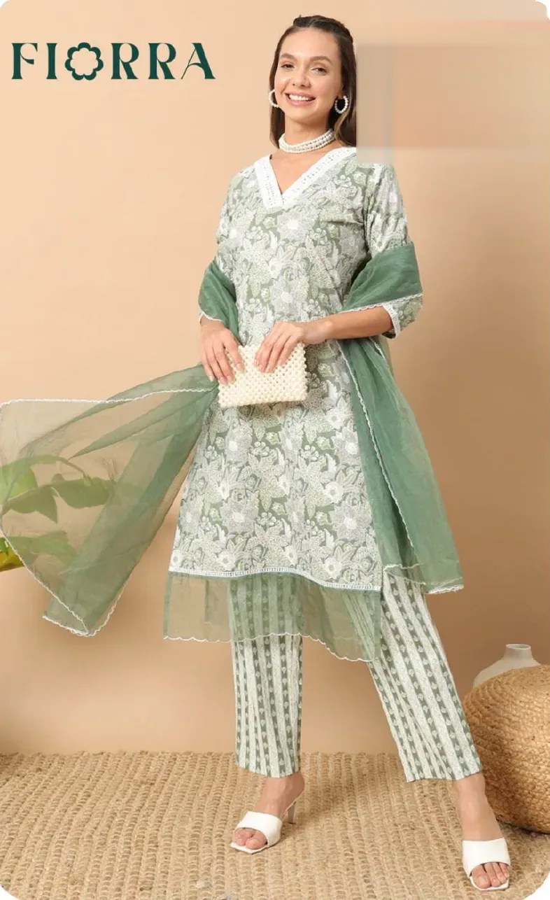 White Green Print Cotton Kurta Set with Dupatta