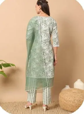 White Green Print Cotton Kurta Set with Dupatta