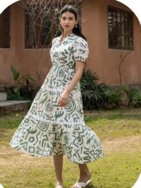 White Green Print Puff Sleeve Midi Cotton Dress