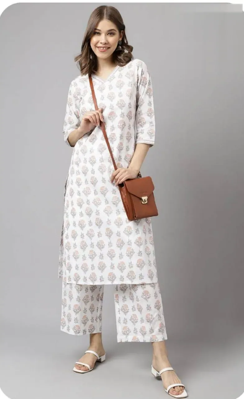 White Grey Block Print Cotton Kurti Pant Set