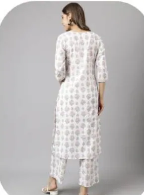 White Grey Block Print Cotton Kurti Pant Set