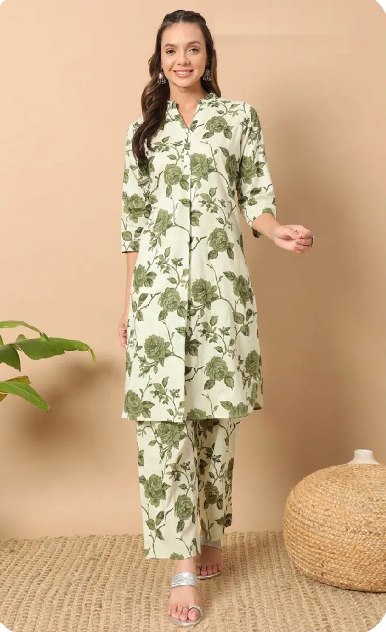 White Olive Leaf Print Pure Cotton Kurti Palazzo Set