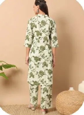 White Olive Leaf Print Pure Cotton Kurti Palazzo Set