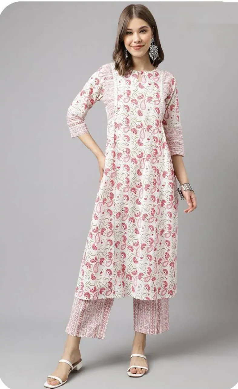 White Pink Floral Print Cotton Kurti Pant Set