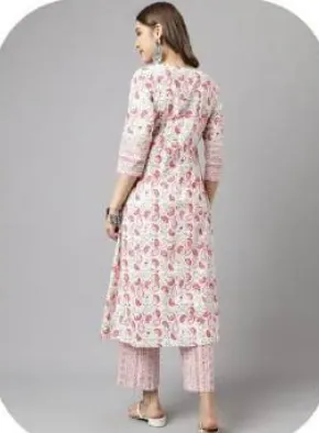 White Pink Floral Print Cotton Kurti Pant Set