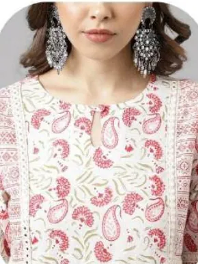 White Pink Floral Print Cotton Kurti Pant Set