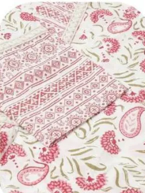 White Pink Floral Print Cotton Kurti Pant Set