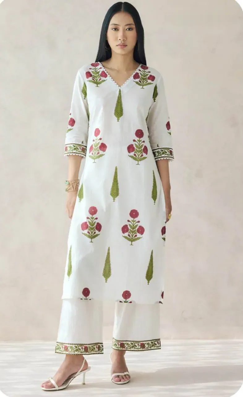 White Red-Green Block Print Cotton Kurti Pant Set