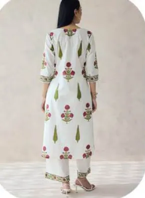 White Red-Green Block Print Cotton Kurti Pant Set
