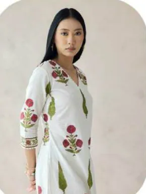 White Red-Green Block Print Cotton Kurti Pant Set