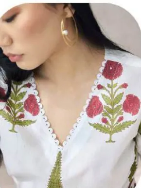 White Red-Green Block Print Cotton Kurti Pant Set