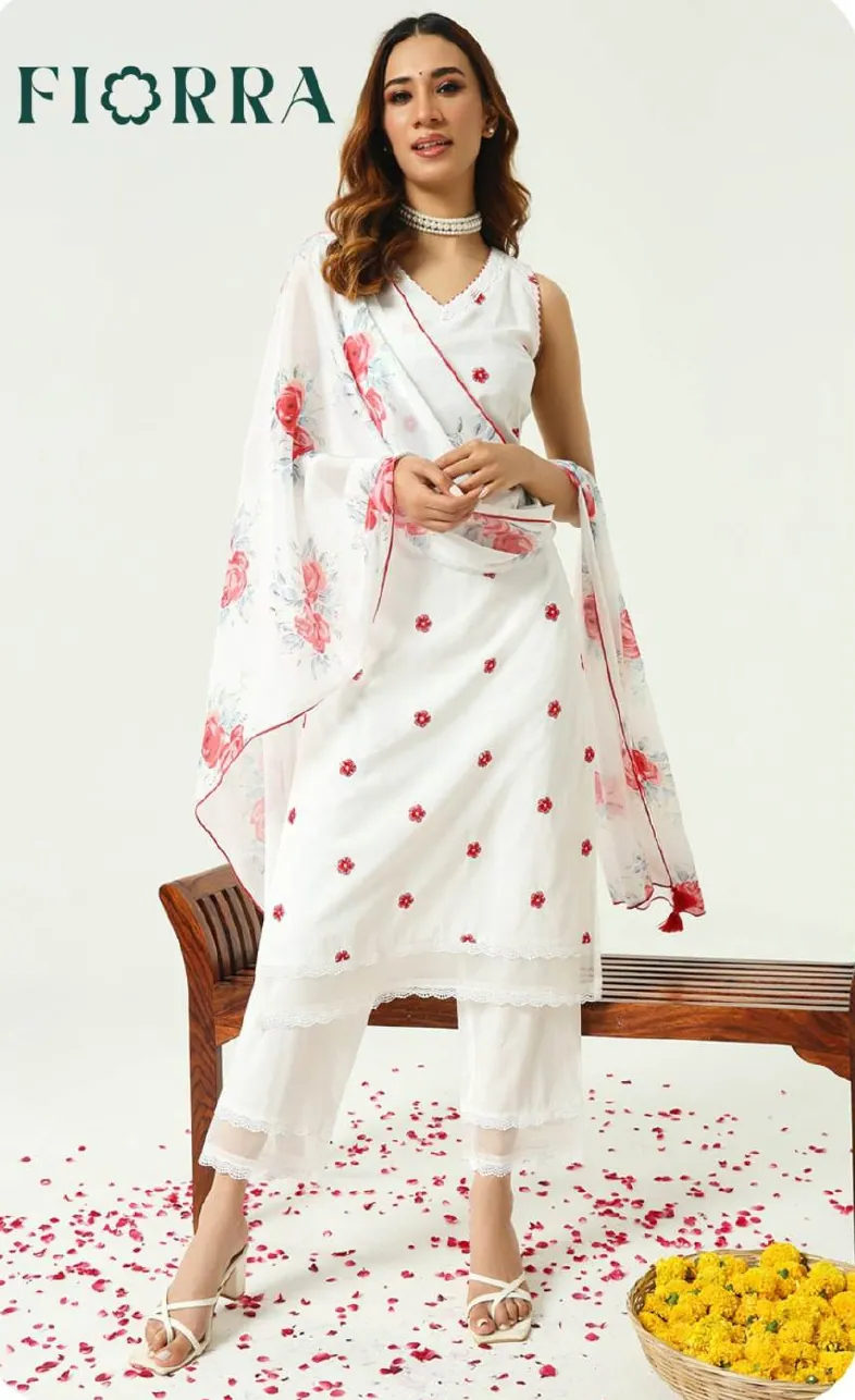 White Red Polka Print Cotton Kurta Set with Dupatta