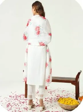 White Red Polka Print Cotton Kurta Set with Dupatta