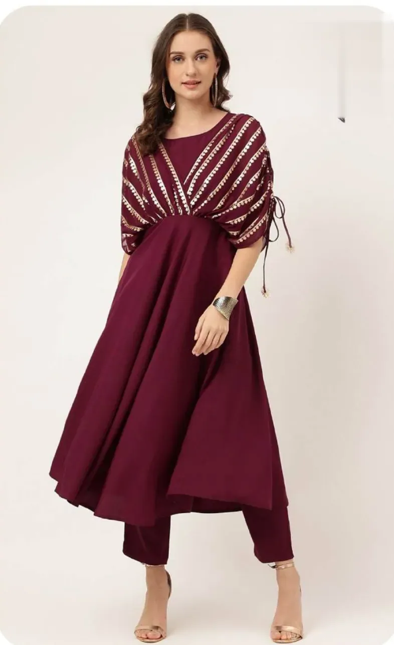 Wine Anarkali Poly Crepe Kurti Pant Set