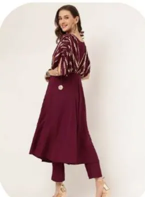 Wine Anarkali Poly Crepe Kurti Pant Set