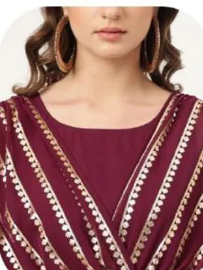 Wine Anarkali Poly Crepe Kurti Pant Set