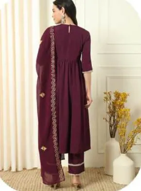 Wine Crepe Kurta Set with Dupatta