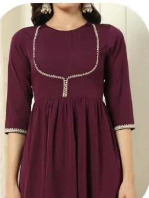 Wine Crepe Kurta Set with Dupatta