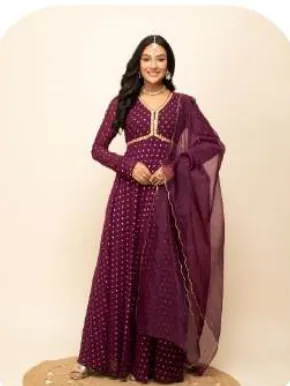 Wine Printed Georgette Gown with Dupatta