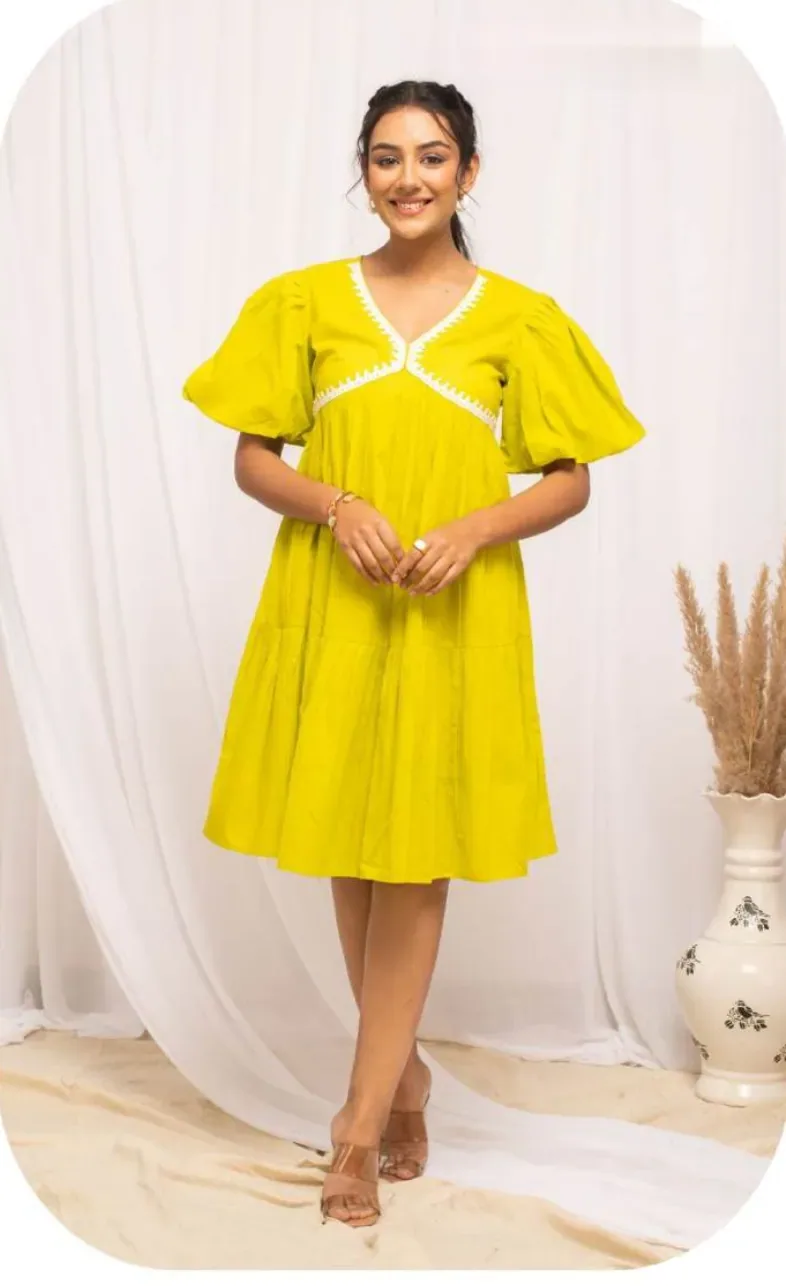 Yellow Flutter Sleeve Midi Cotton Dress