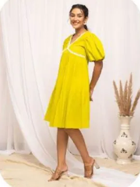 Yellow Flutter Sleeve Midi Cotton Dress