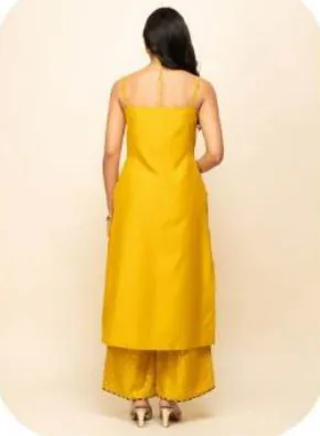 Yellow Silk Blend Kurta Palazzo Set with Dupatta