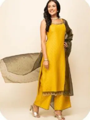 Yellow Silk Blend Kurta Palazzo Set with Dupatta